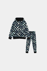 Boys Tie-Dye Checkerboard Zip Hoodie & Jogger Set – Black & Mint
